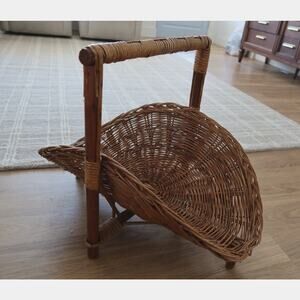 Vintage Wicker Gathering Basket Wood Frame Rattan Fireplace Log Basket X-Large